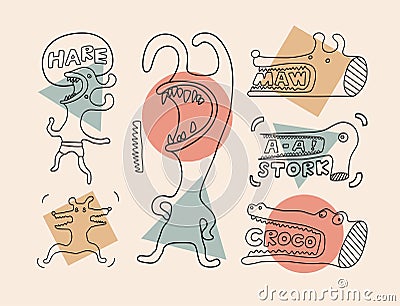 Set of funny bizarre graphic linear characters. Cartoon rabbit, dog, stork, crocodile. Vector illustration. Vector Illustration